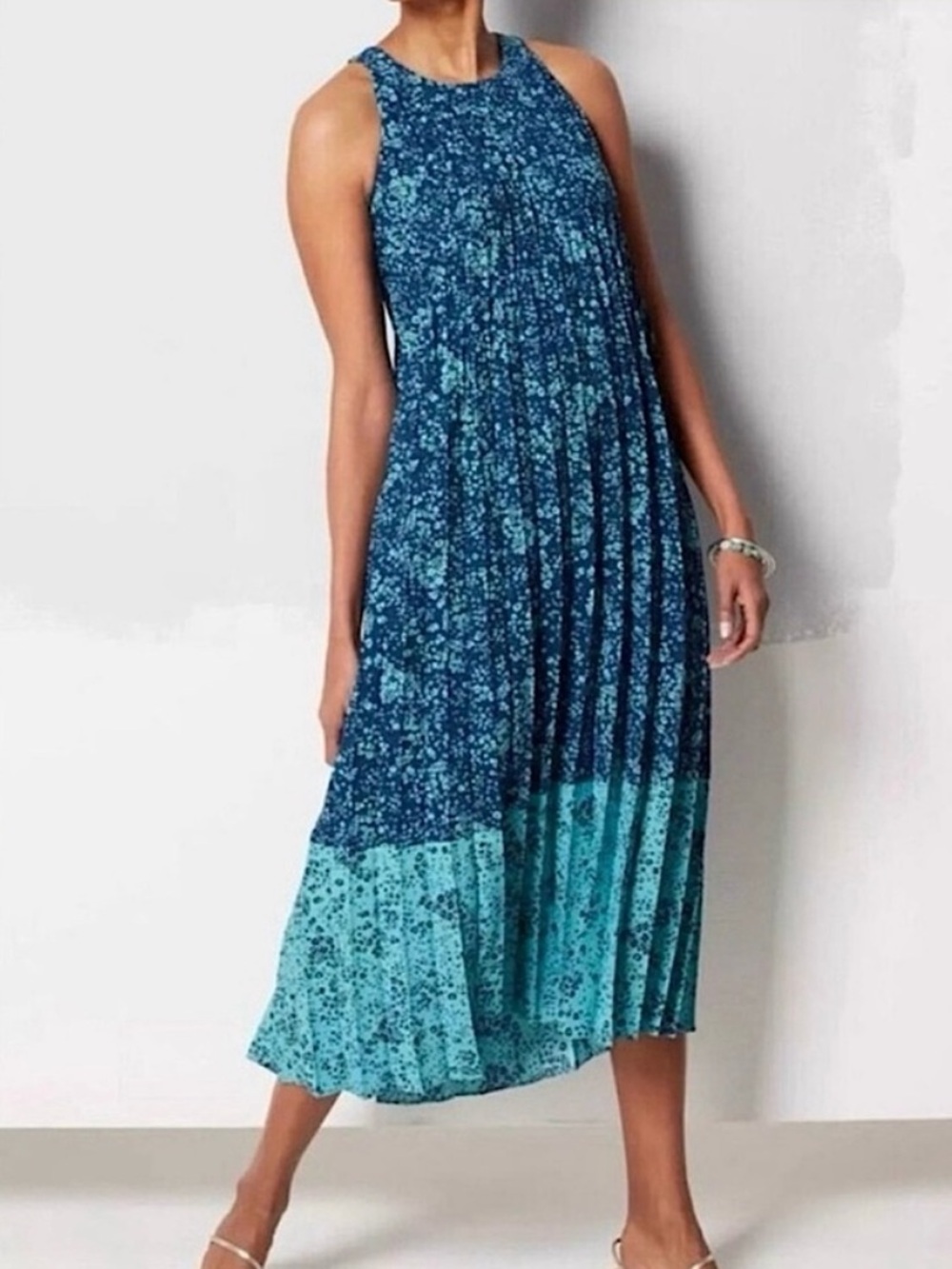 J. Jill XL Blue Floral Sleeveless Maxi Midi Tank Dress Color Block B18